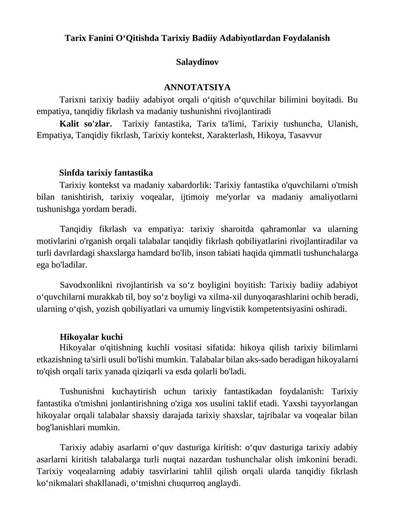 Tarix Fanini OʻQitishda Tarixiy Badiiy Adabiyotlardan Foydalanish