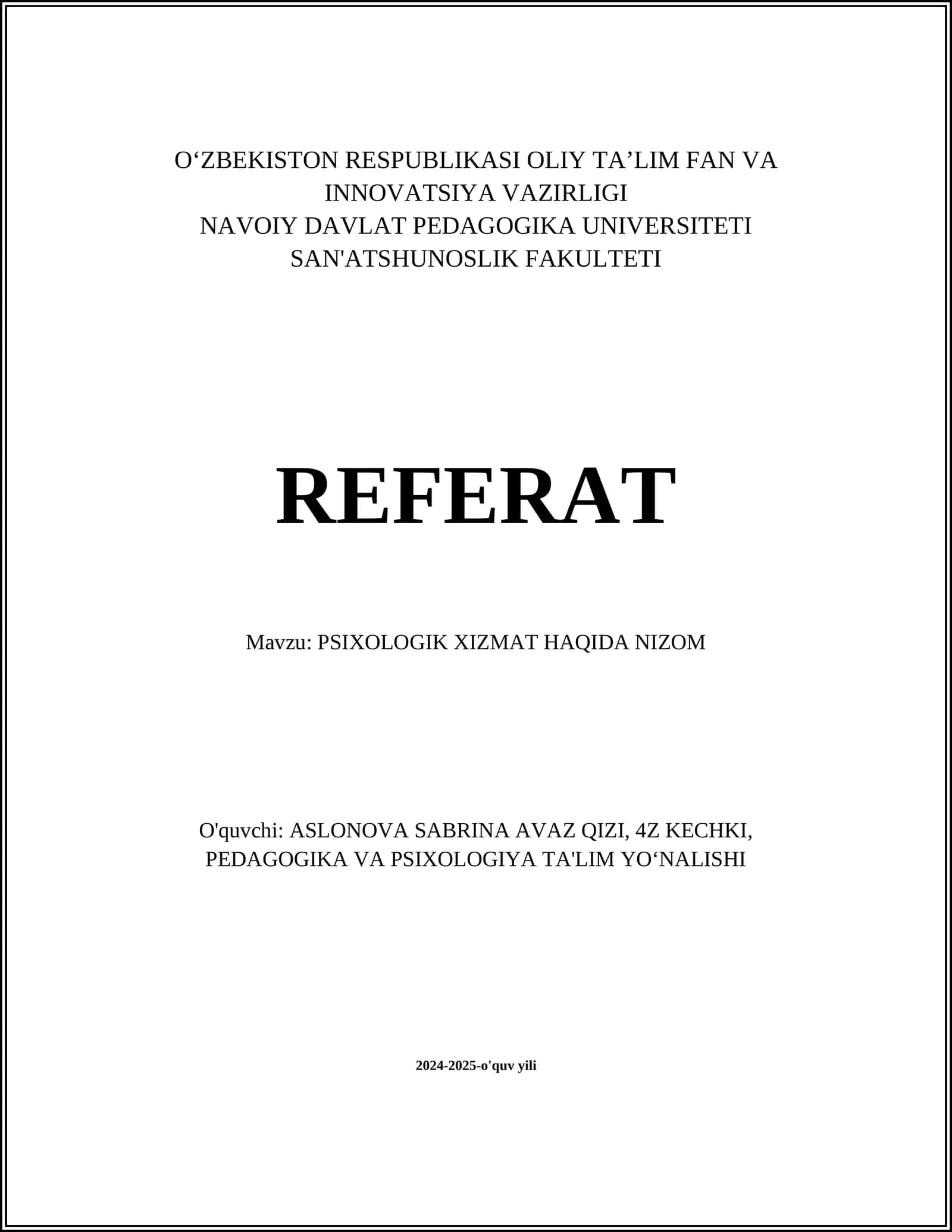 PSIXOLOGIK XIZMAT HAQIDA NIZOM