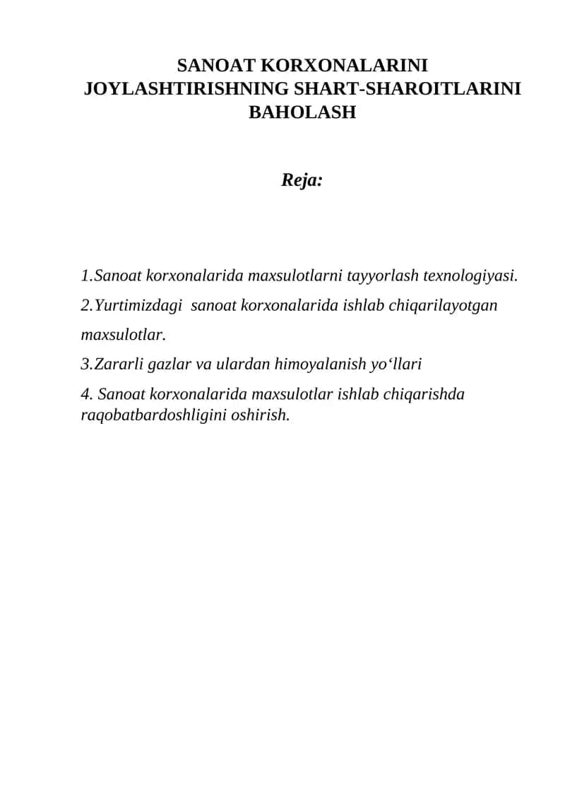SANOAT KORXONALARINI JOYLASHTIRISHNING SHART-SHAROITLARINI BAHOLASH