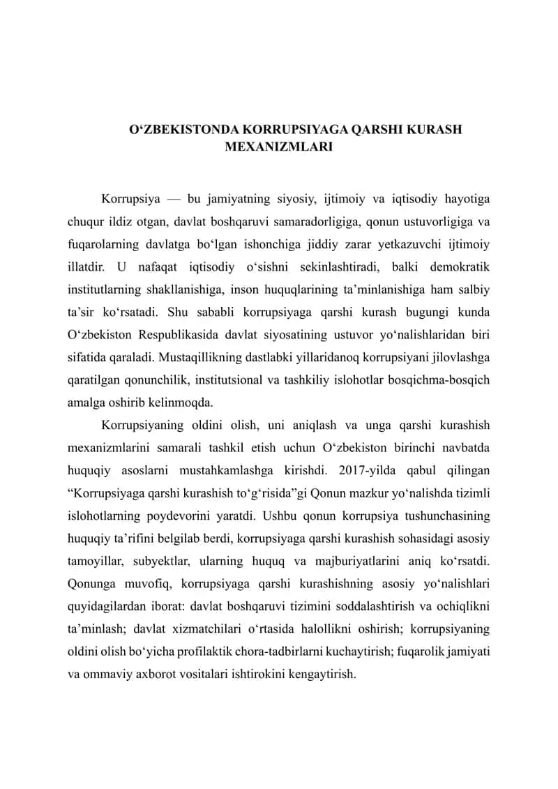 O‘zbekistonda Korrupsiyaga Qarshi Kurash Mexanizmlari