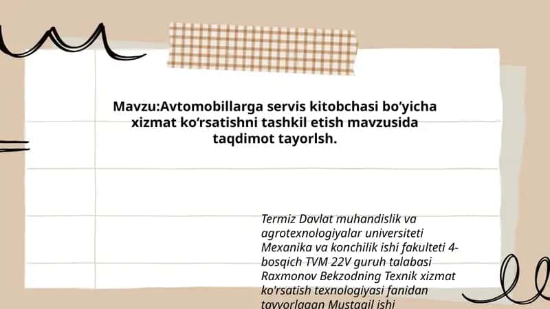 Avtomobillarga servis kitobchasi bo‘yicha xizmat ko‘rsatishni tashkil etish