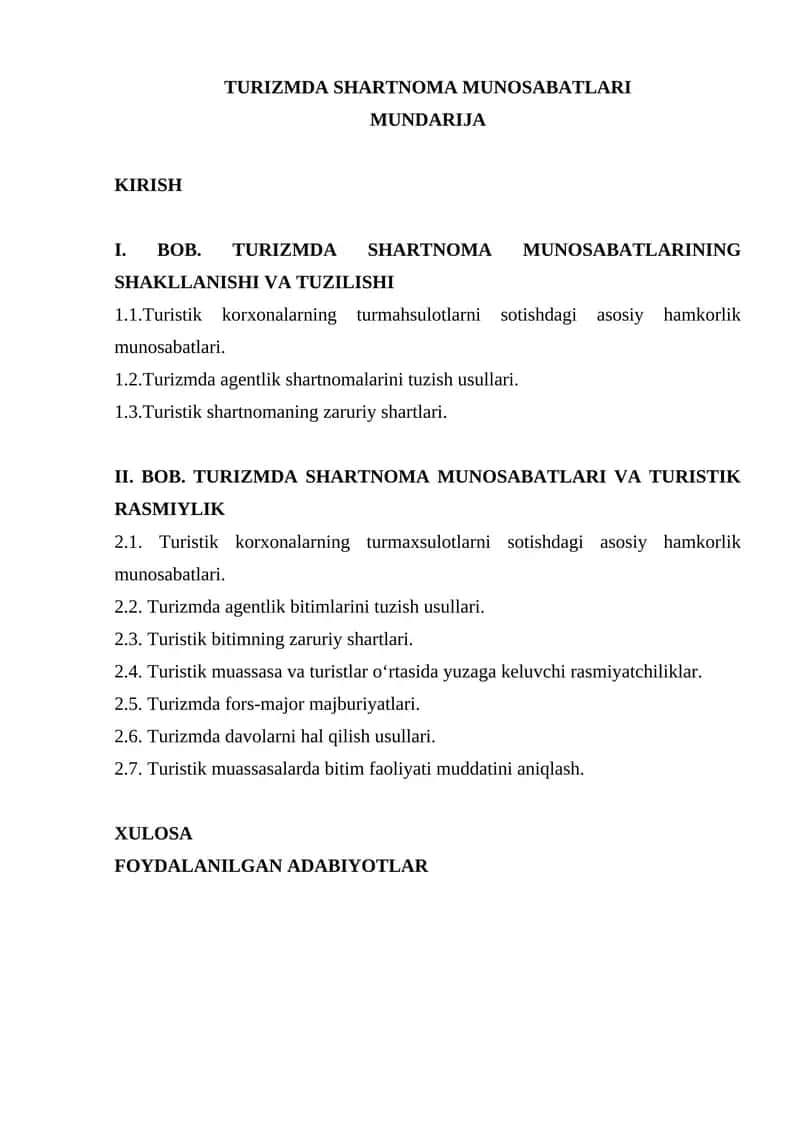 TURIZMDA SHARTNOMA MUNOSABATLARI