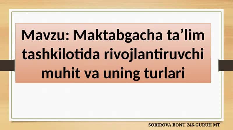 Maktabgacha ta’lim tashkilotida rivojlantiruvchi muhit va uning turlari