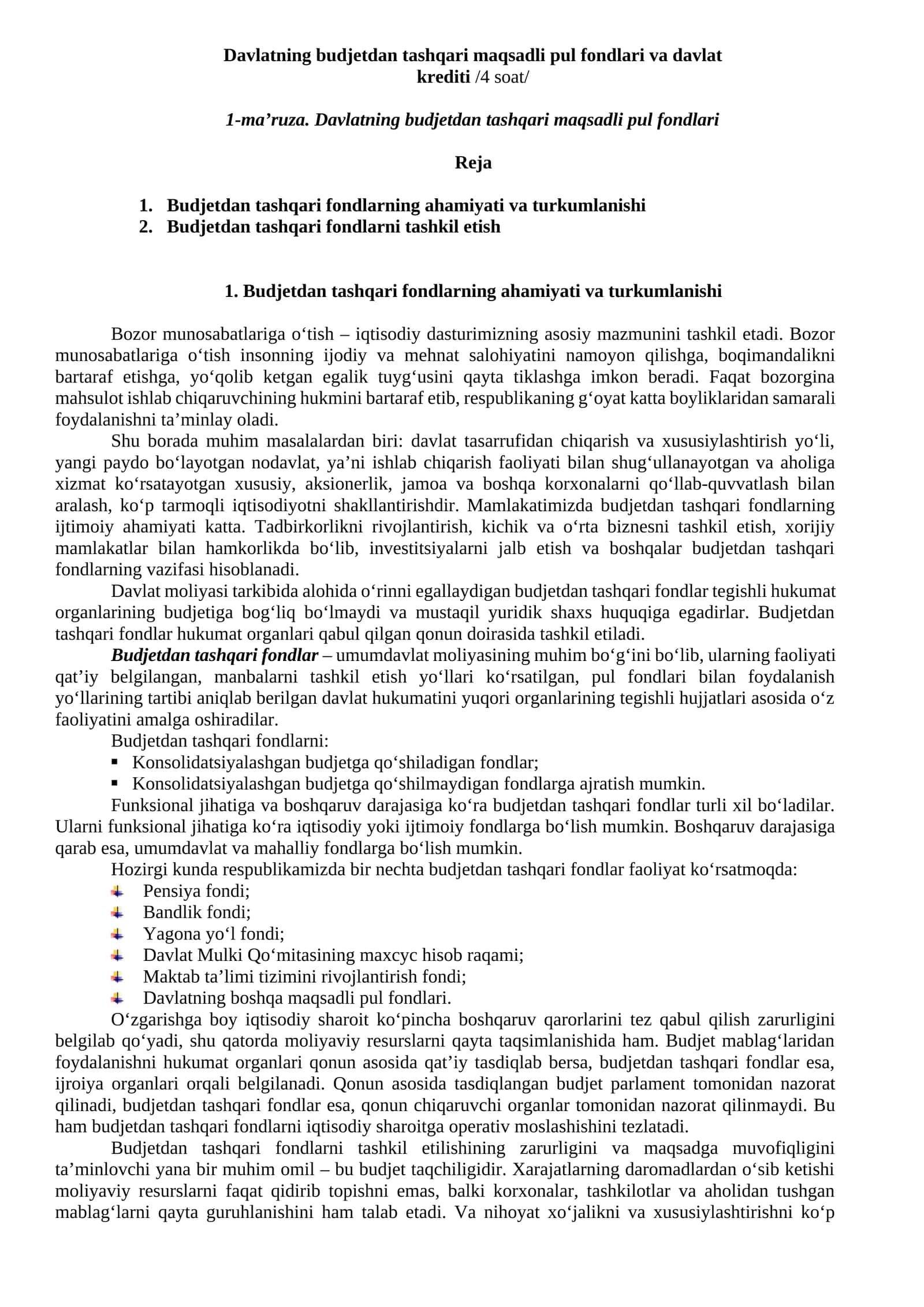 Davlatning budjetdan tashqari maqsadli pul fondlari va davlat krediti