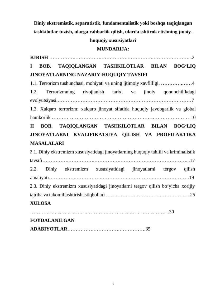 Diniy ekstremizm xususiyatidagi jinoyatlarni tergov qilish amaliyoti