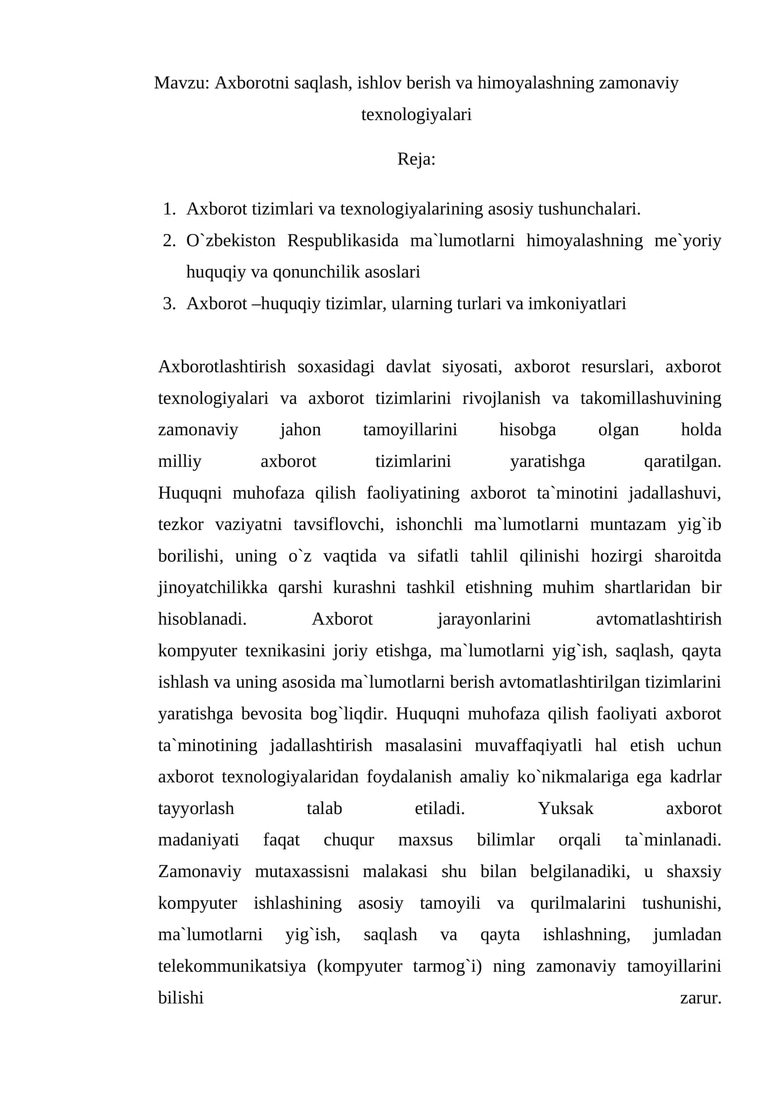 Axborotni saqlash, ishlov berish va himoyalashning zamonaviy texnologiyalari