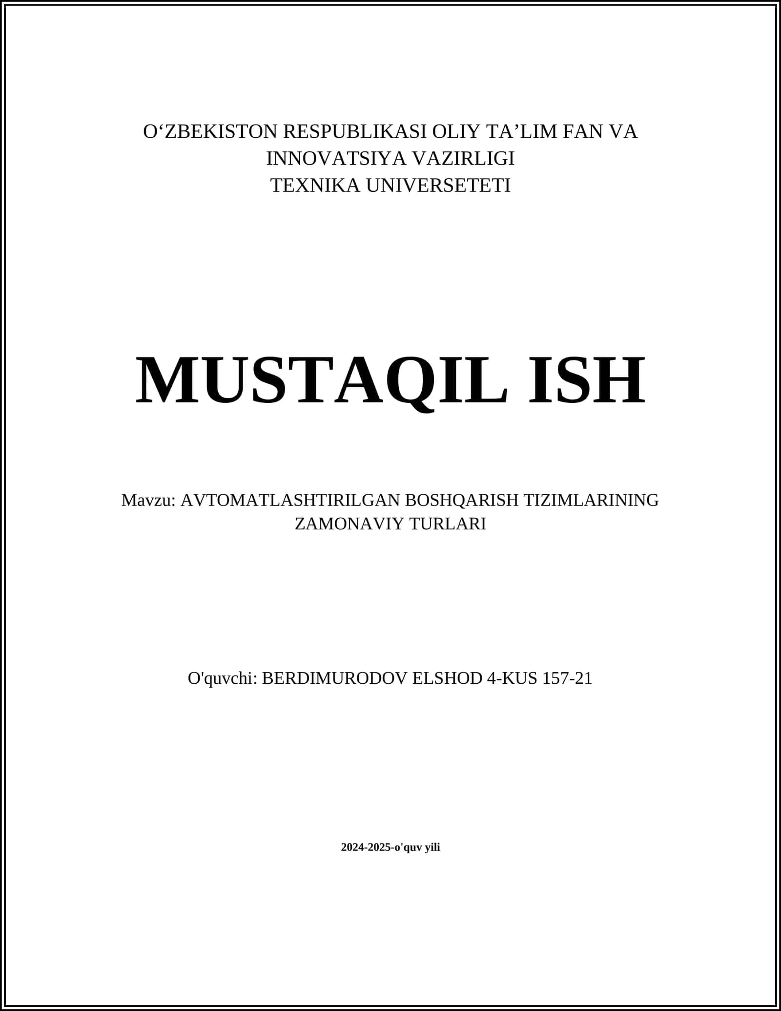 AVTOMATLASHTIRILGAN BOSHQARISH TIZIMLARI