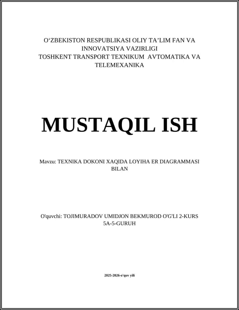 TEXNIKA DOKONI XAQIDA LOYIHA ER DIAGRAMMASI BILAN