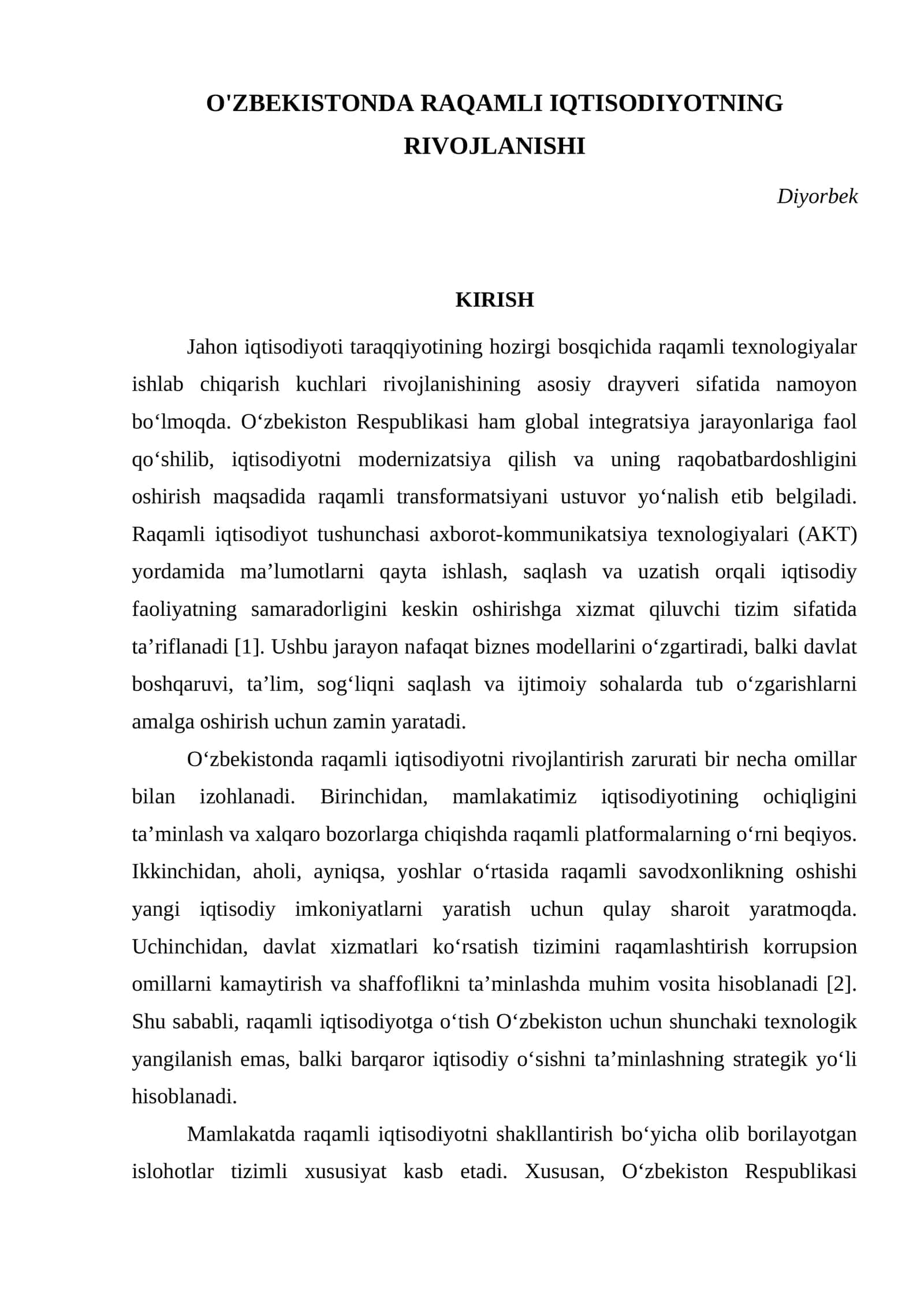 O'ZBEKISTONDA RAQAMLI IQTISODIYOTNING RIVOJLANISHI