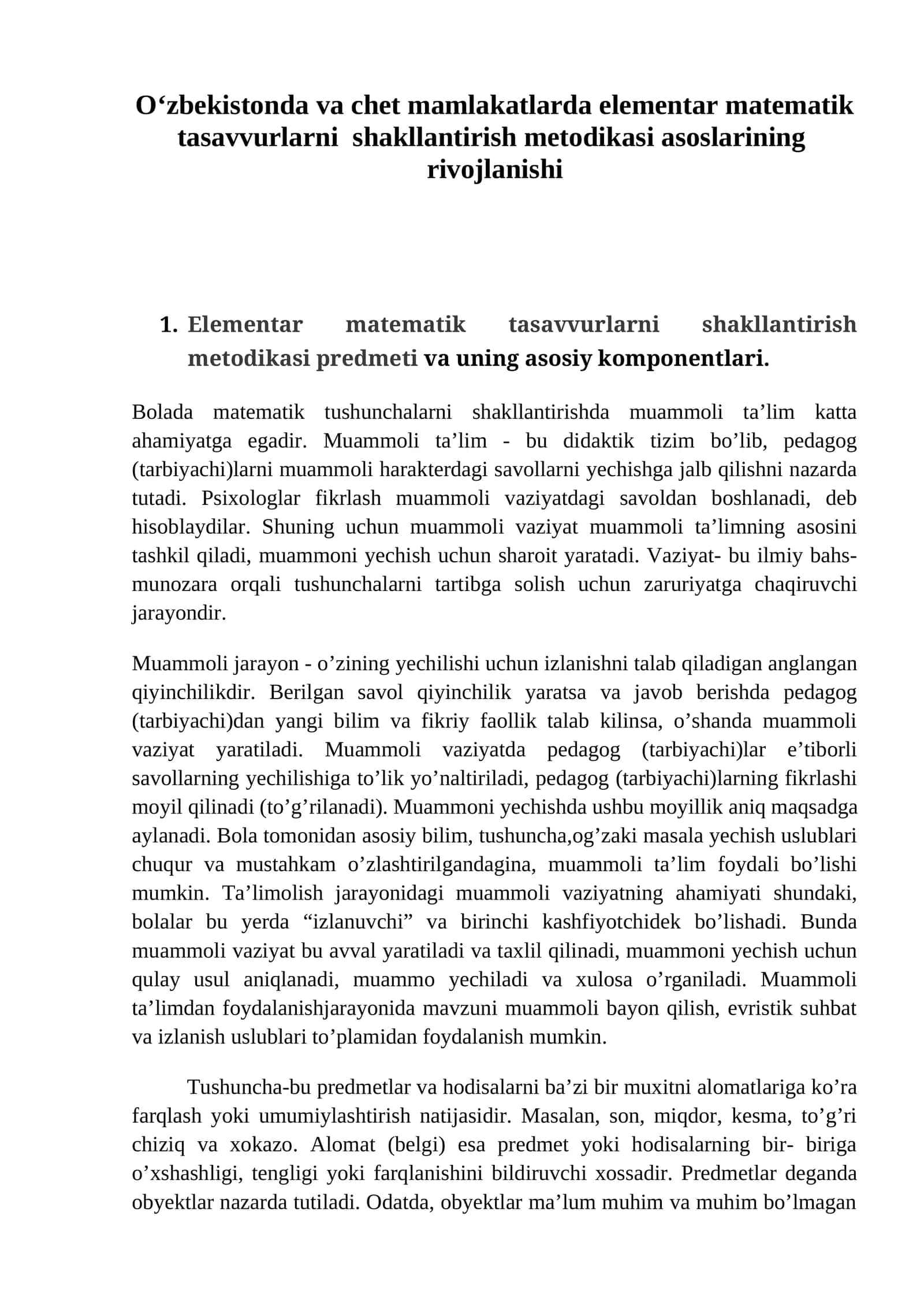 Elementar matematik tasavvurlarni shakllantirish metodikasi