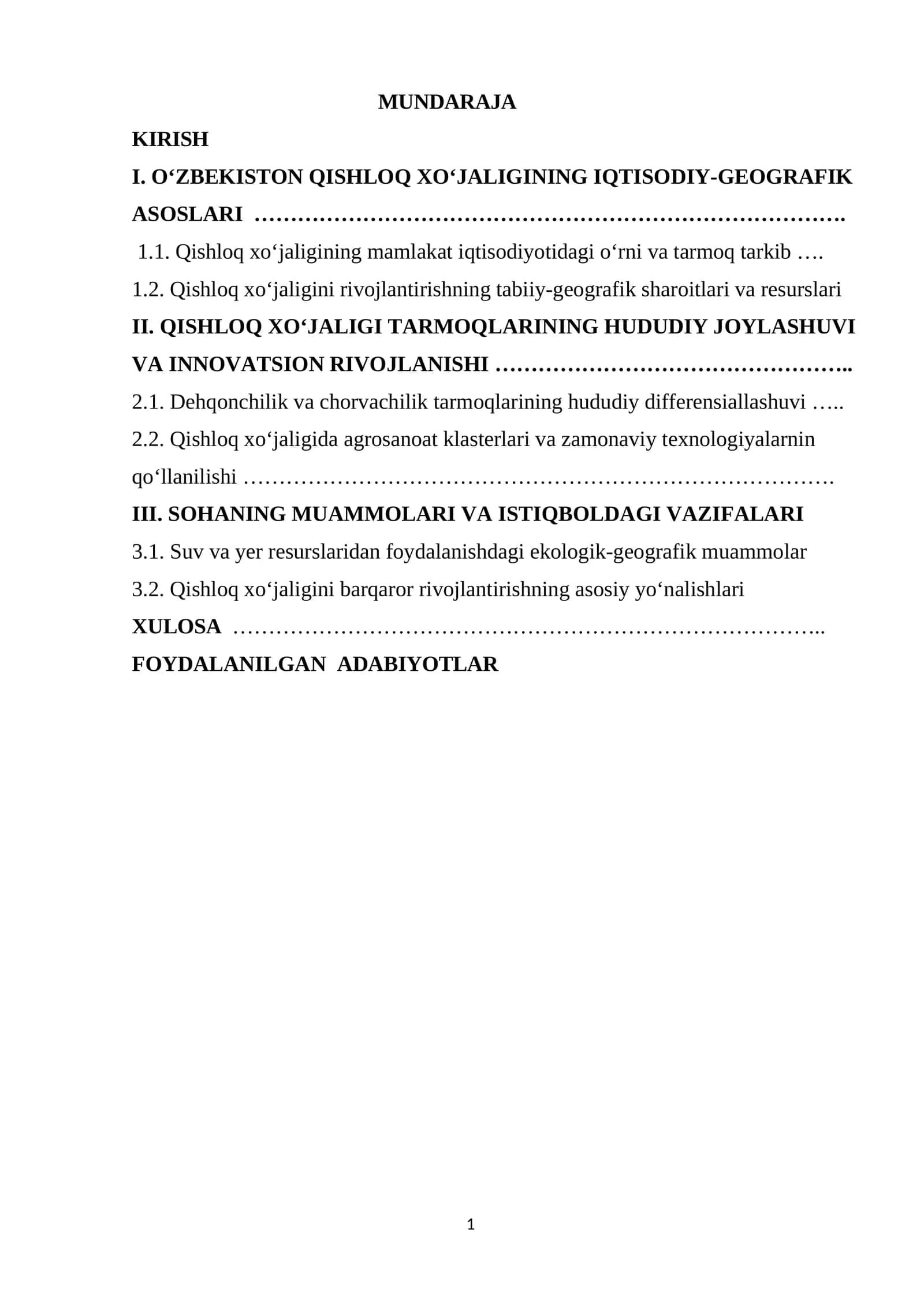 O’ZBEKISTON QISHLOQ XO’JALIGIGA UMUMIY GEOGRAFIK TAVSIF