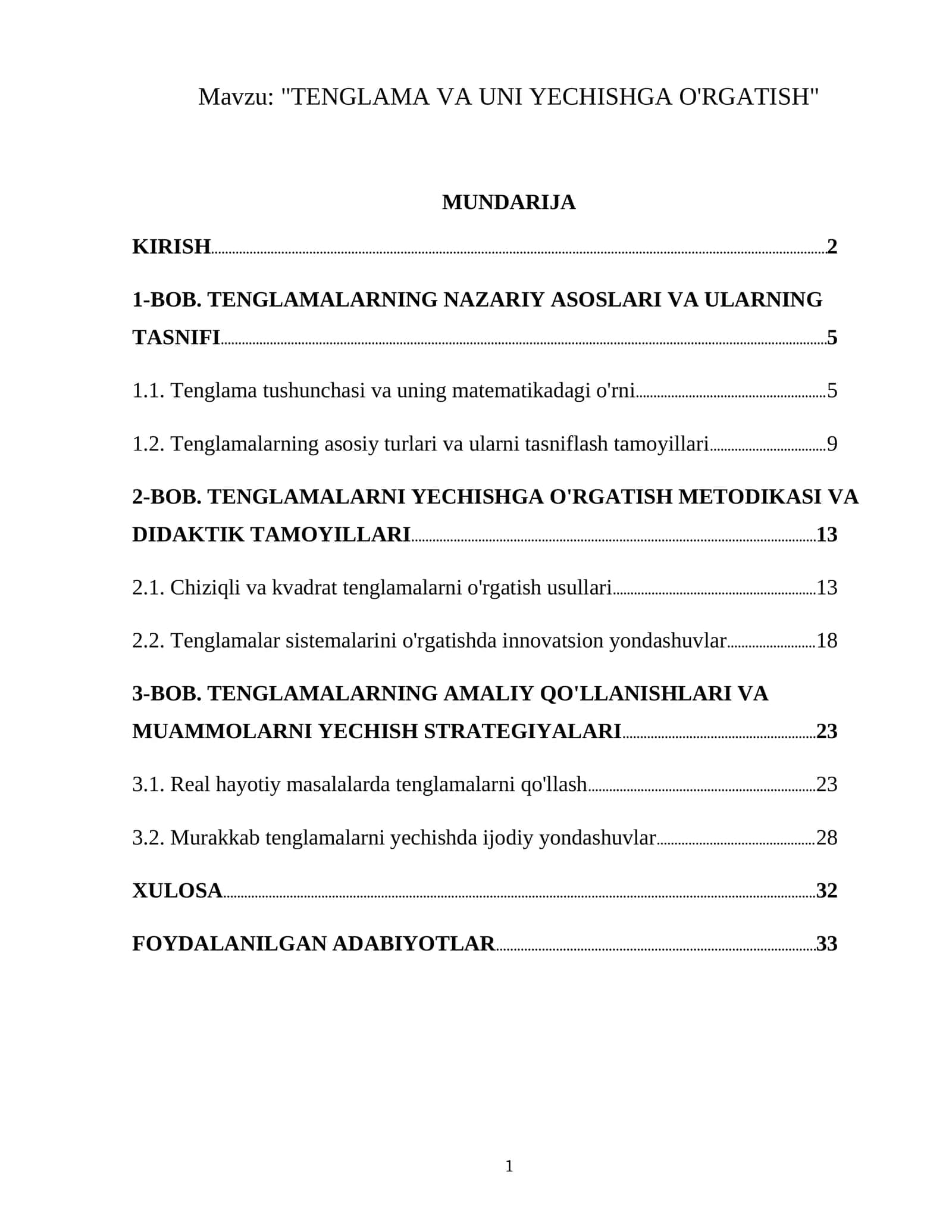 TENGLAMA VA UNI YECHISHGA O'RGATISH