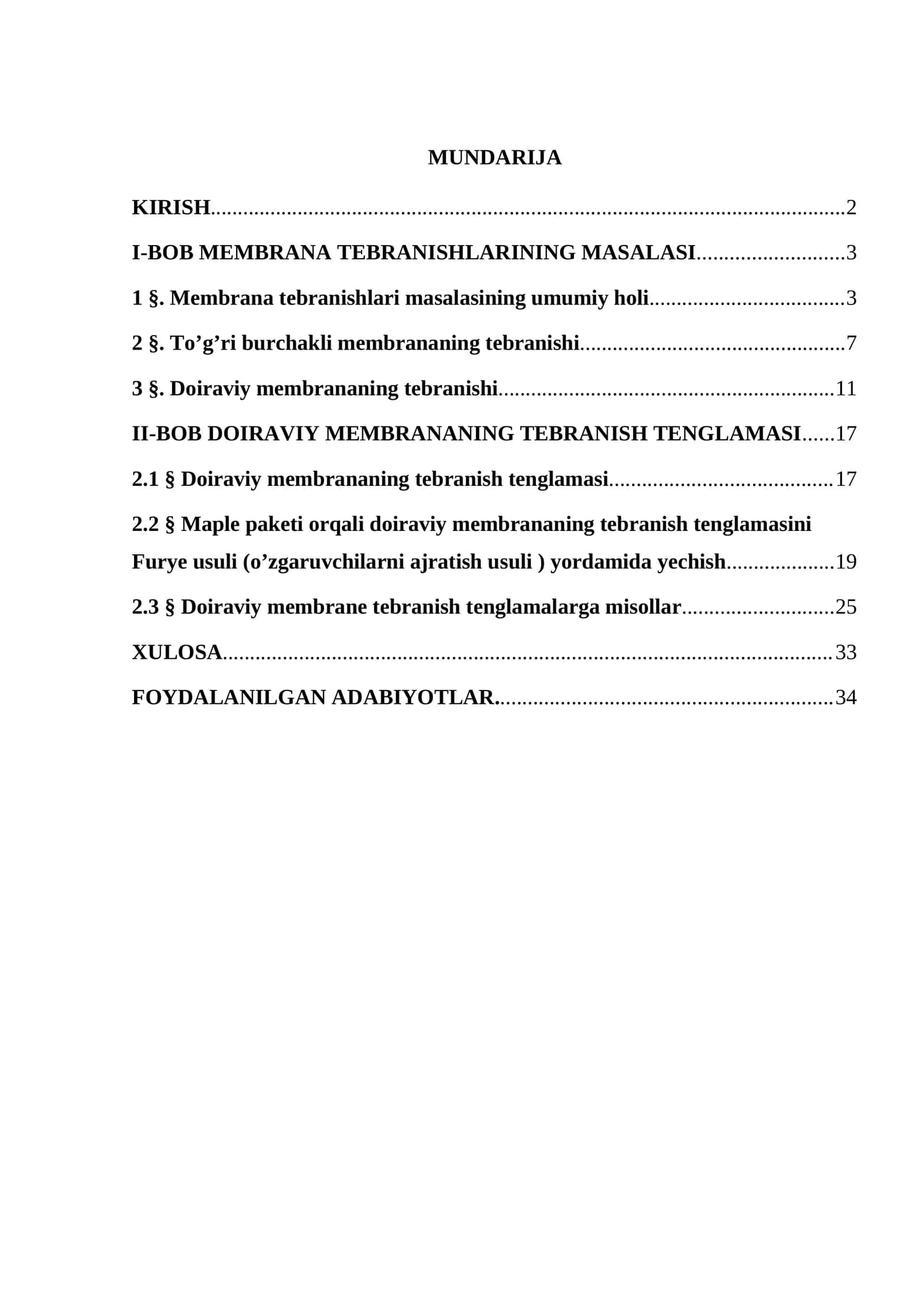 MEMBRANA TEBRANISHLARINING MASALASI