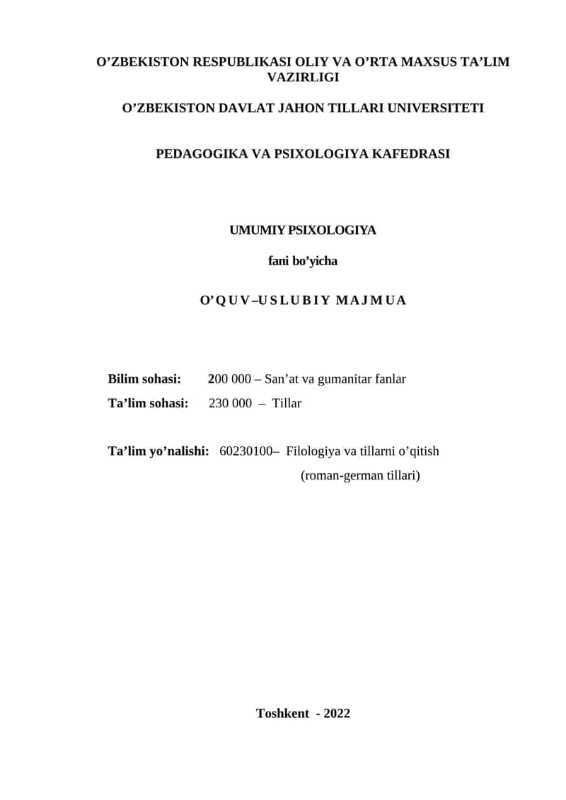 Umumiy psixologiya fani dasturi