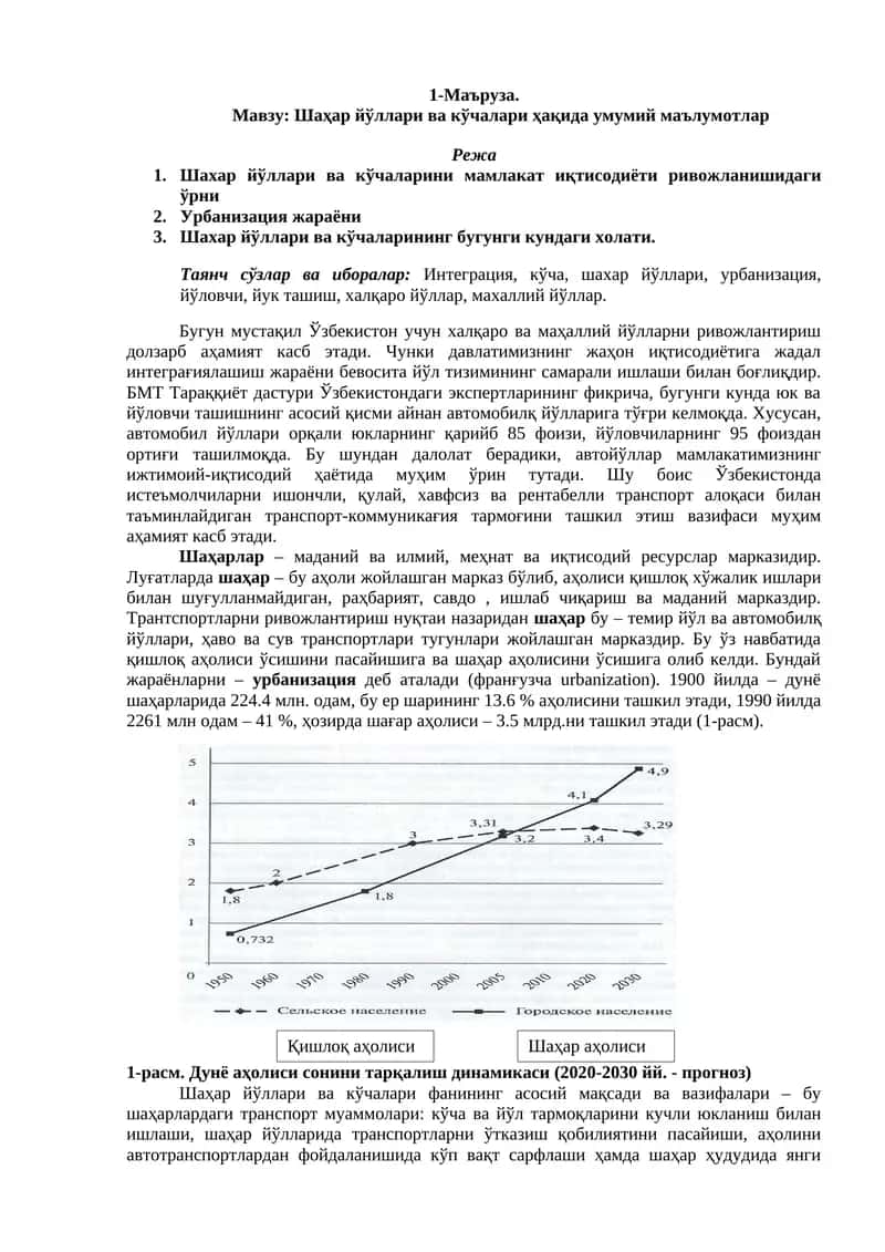 Шаҳар йўллари ва кўчалари ҳақида умумий маълумотлар