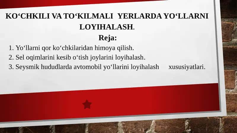 Ko‘chkili va to‘kilmaliyerlarda Yo‘llarni loyihalash