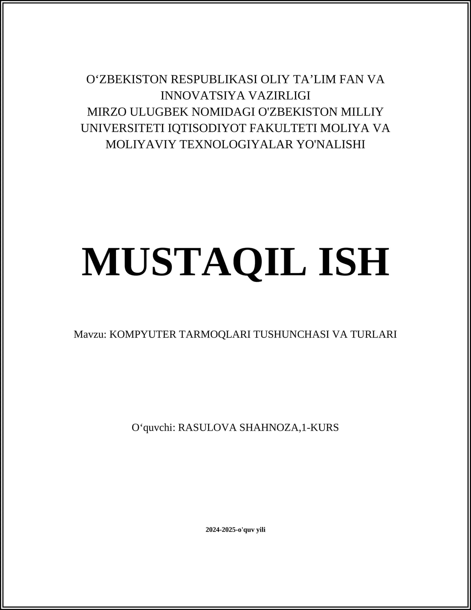 KOMPYUTER TARMOQLARI TUSHUNCHASI VA TURLARI