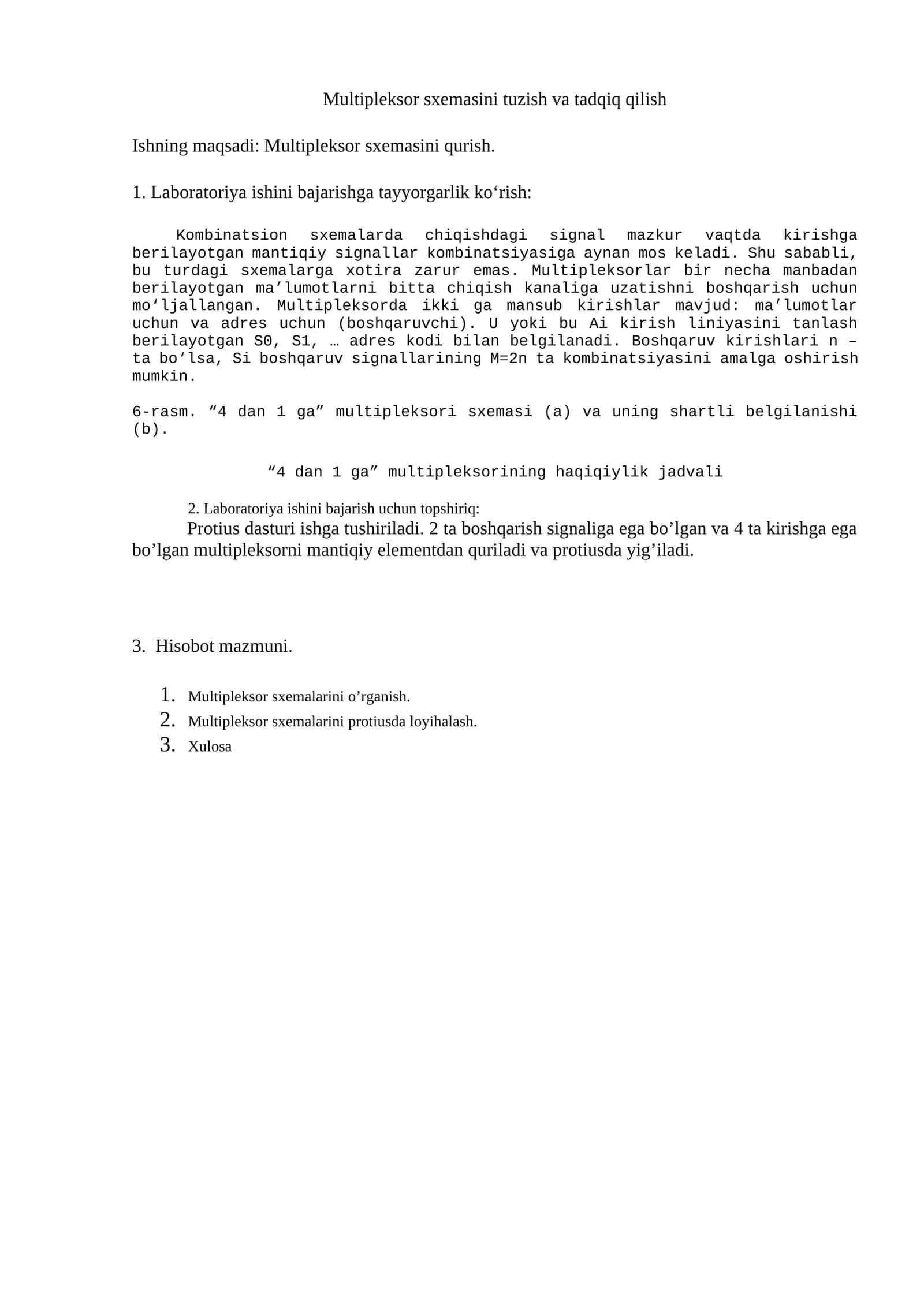 Multipleksor sxemasini tuzish va tadqiq qilish