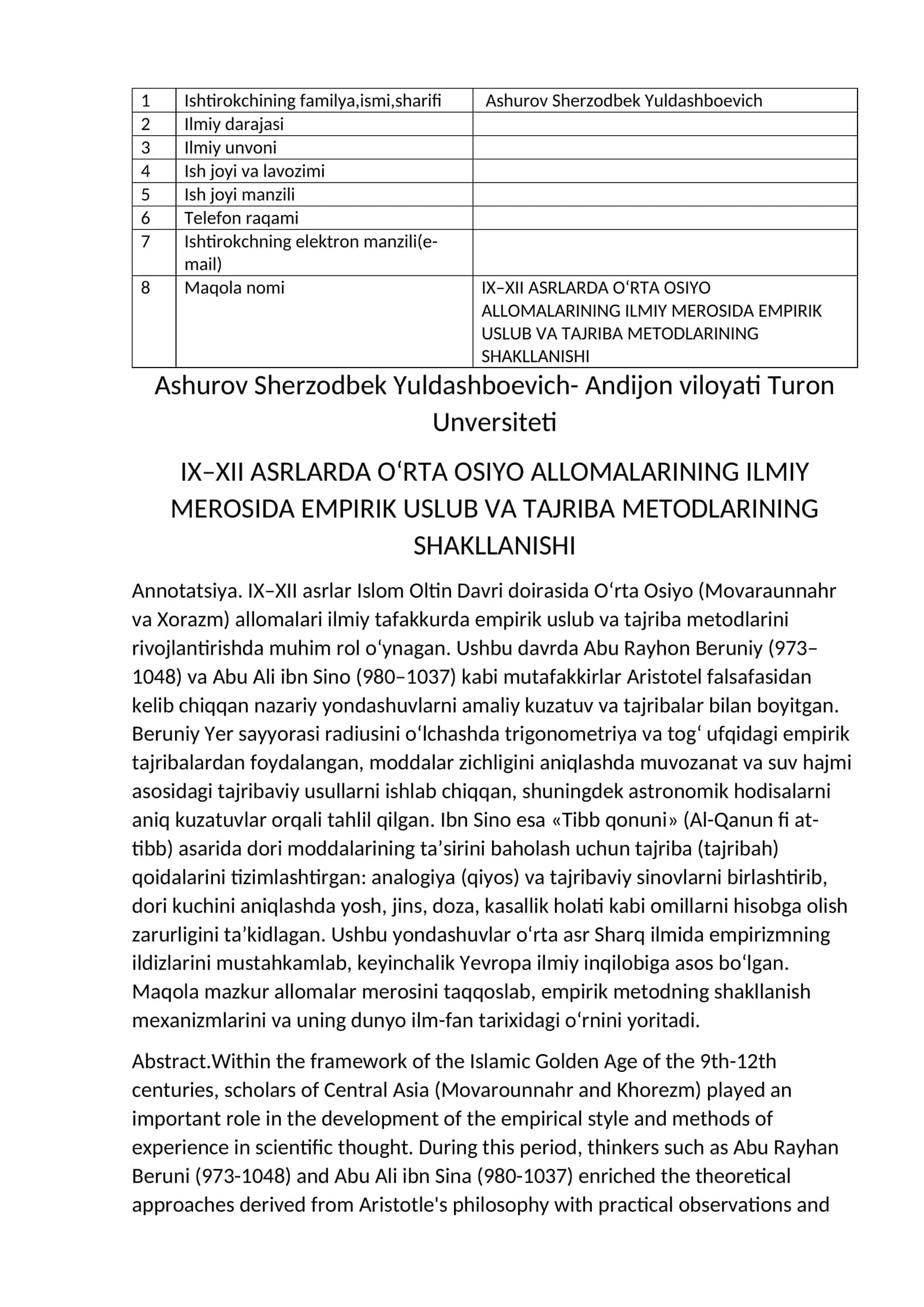 IX–XII ASRLARDA O‘RTA OSIYO ALLOMALARINING ILMIY MEROSIDA EMPIRIK USLUB VA TAJRIBA METODLARINING SHAKLLANISHI