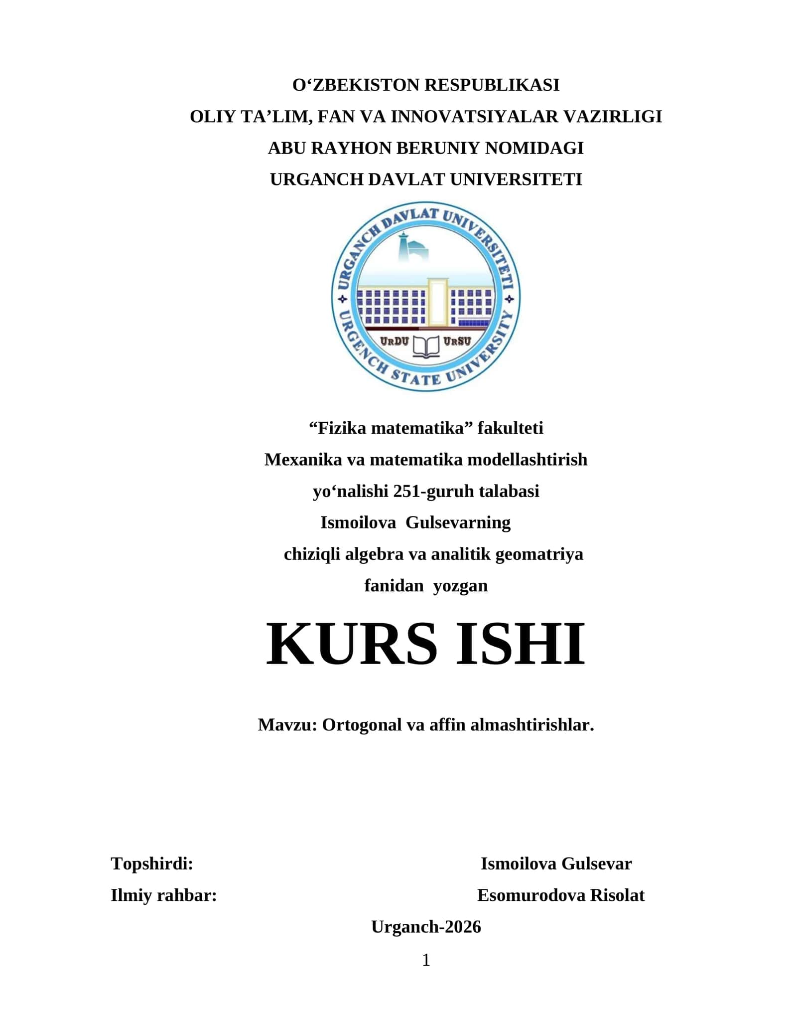 KURS ISHI: Ortogonal va affin almashtirishlar