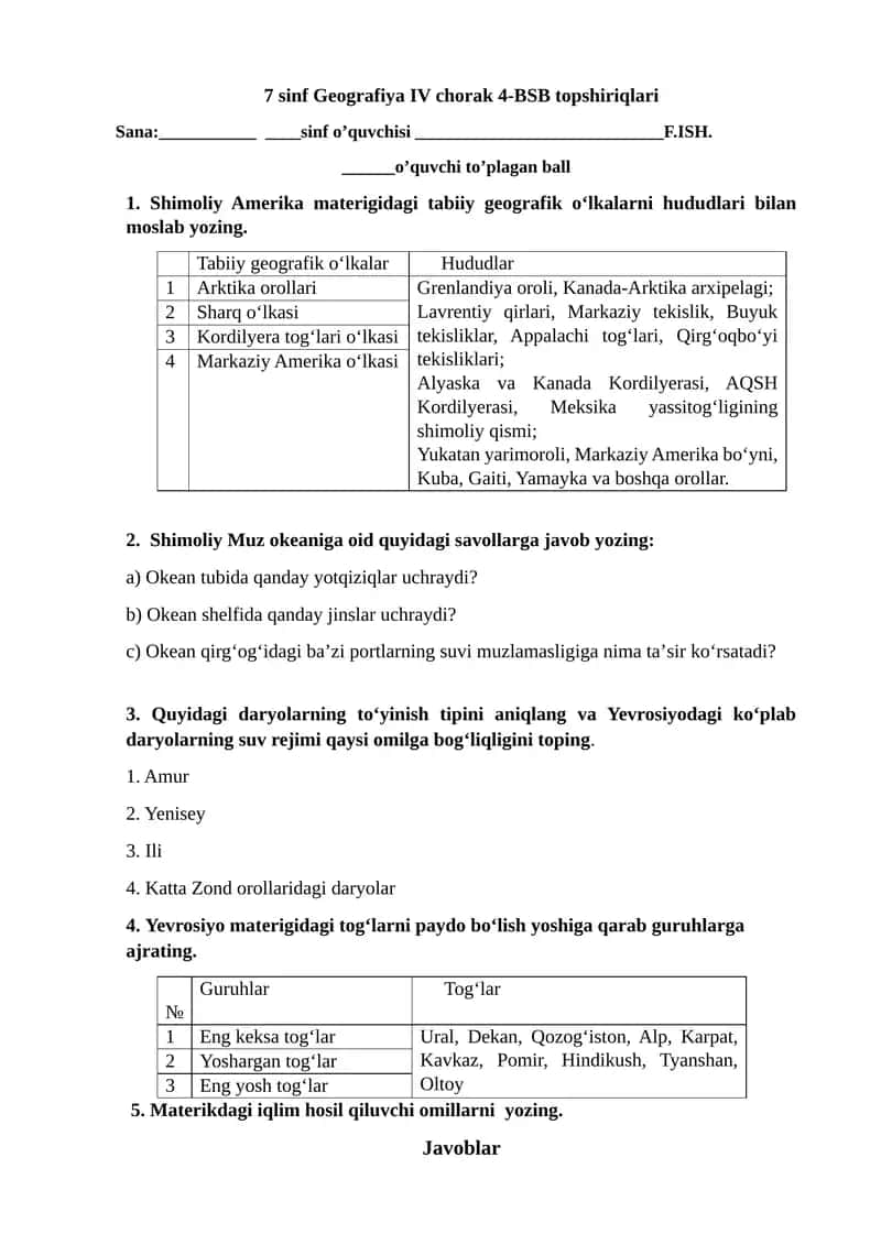 7 sinf Geografiya IV chorak 4-BSB topshiriqlari