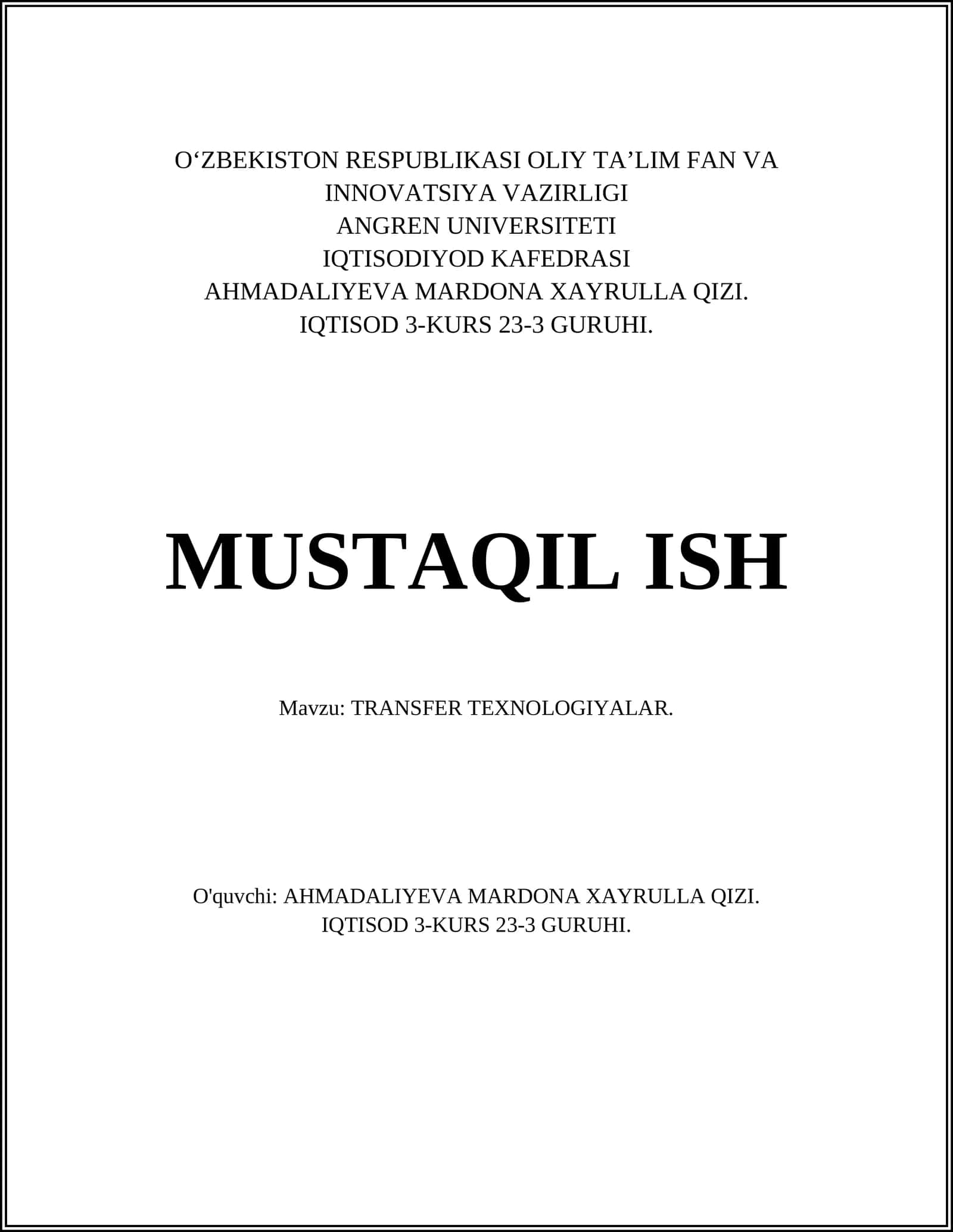 TRANSFER TEXNOLOGIYALAR