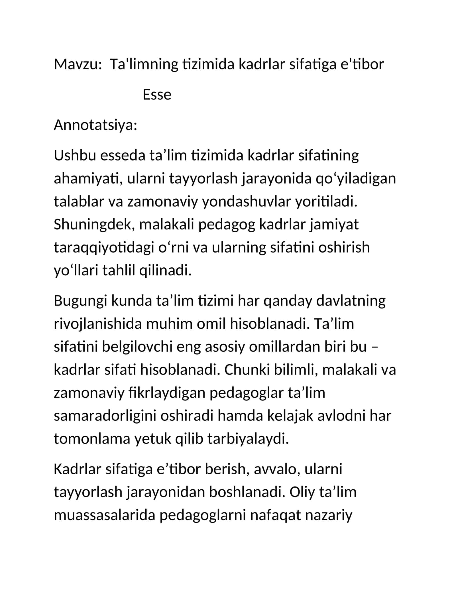 Ta'limning tizimida kadrlar sifatiga e'tibor