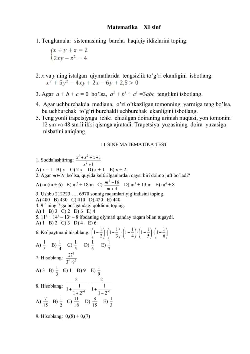Matematikadan Olimpiada savollari