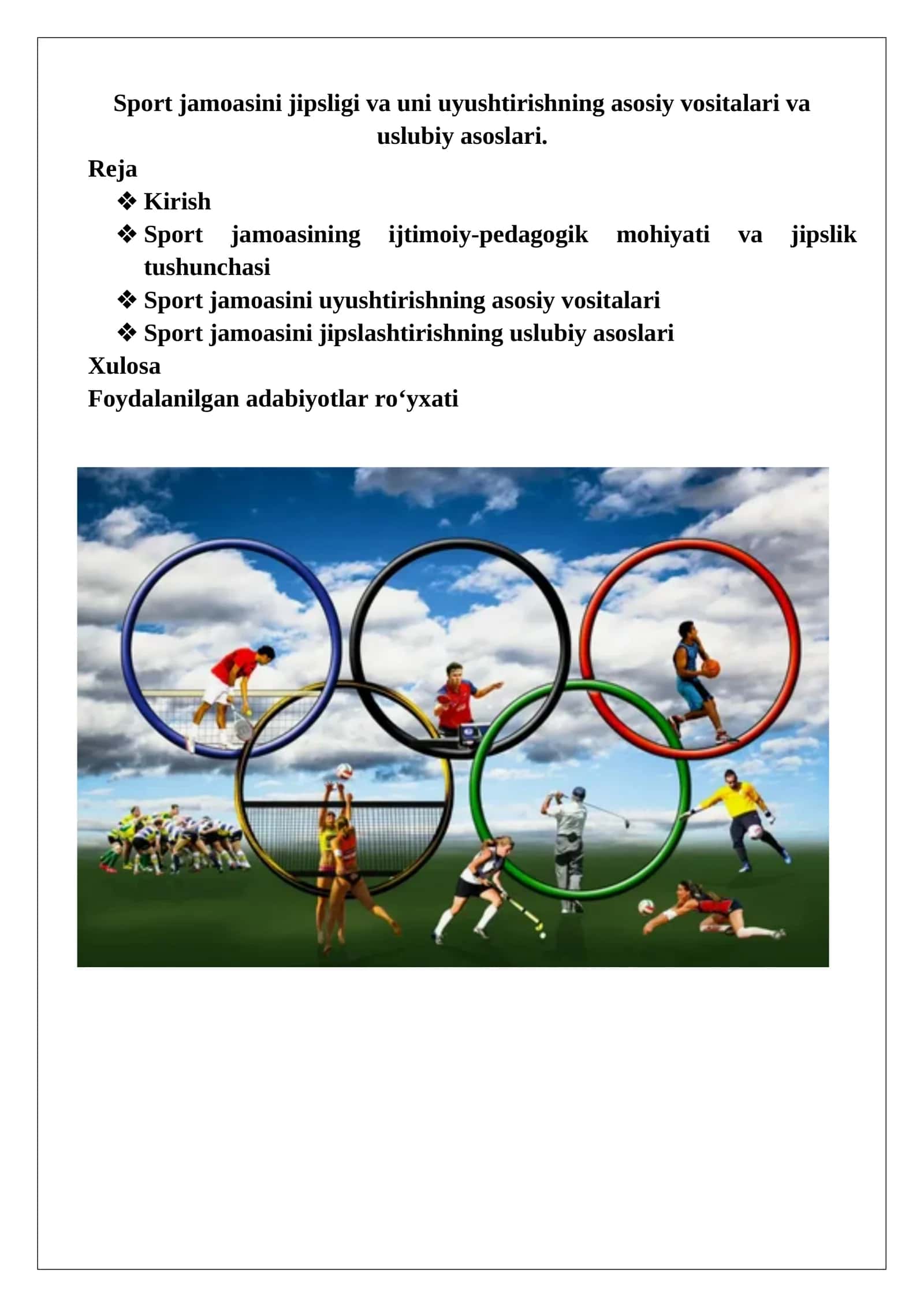 Sport jamoasini jipsligi va uni uyushtirishning asosiy vositalari va uslubiy asoslari