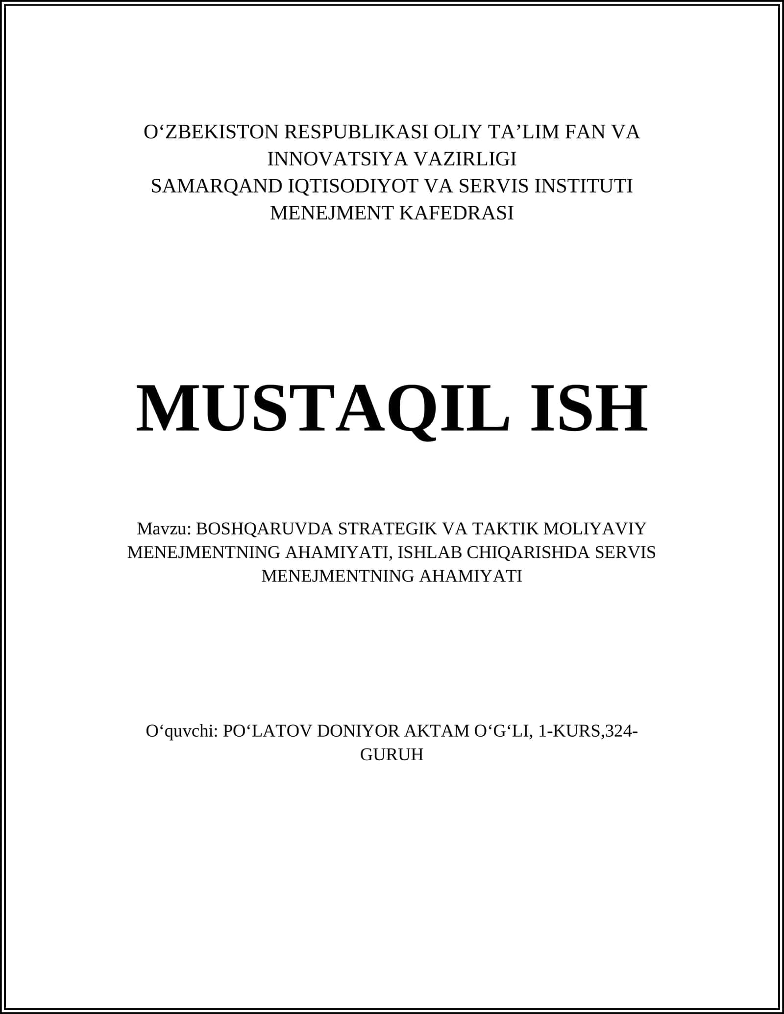 BOSHQARUVDA STRATEGIK VA TAKTIK MOLIYAVIY MENEJMENTNING AHAMIYATI