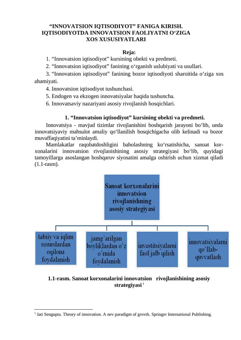 “INNOVATSION IQTISODIYOT” FANIGA KIRISH. IQTISODIYOTDA INNOVATSION FAOLIYATNI O‘ZIGA XOS XUSUSIYATLARI