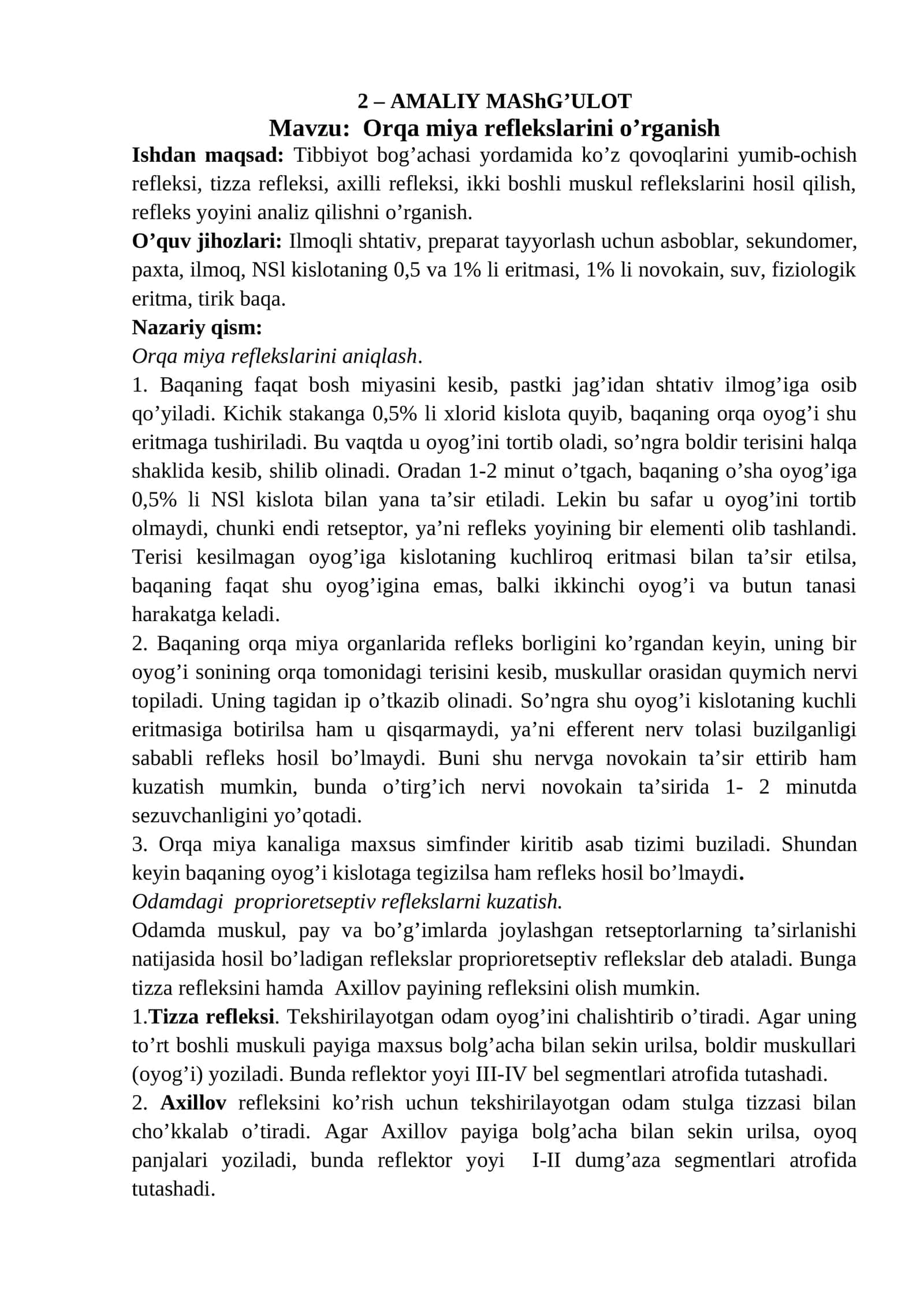 Orqa miya reflekslarini o’rganish