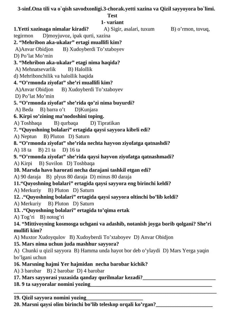 3-sinf.Ona tili va o`qish savodxonligi.3-chorak.yetti xazina va Qizil sayyoyora bo`limi