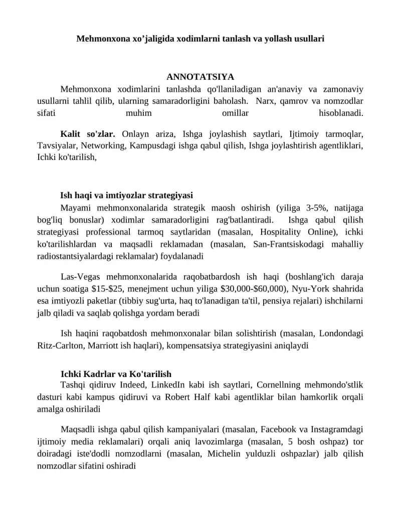 Mehmonxona xo’jaligida xodimlarni tanlash va yollash usullari