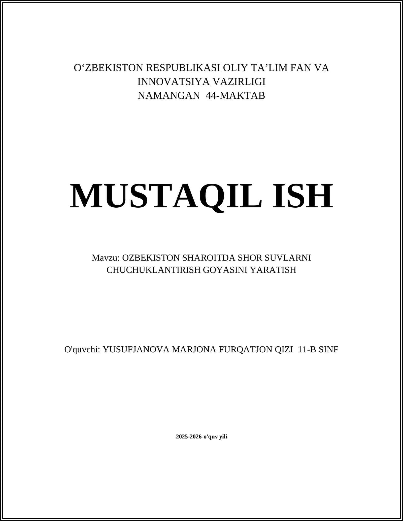 Oʻzbekiston Sharoitida Shor Suvlarni Chuchuklantirish Goyasini Yaratish