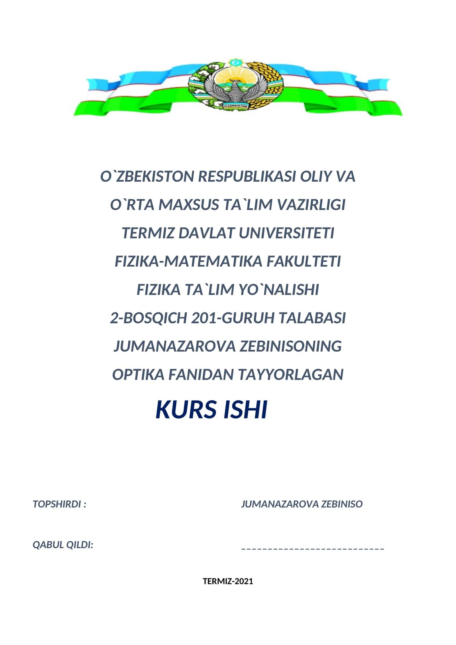 Optika fanidan tayyorlagan kurs ishi