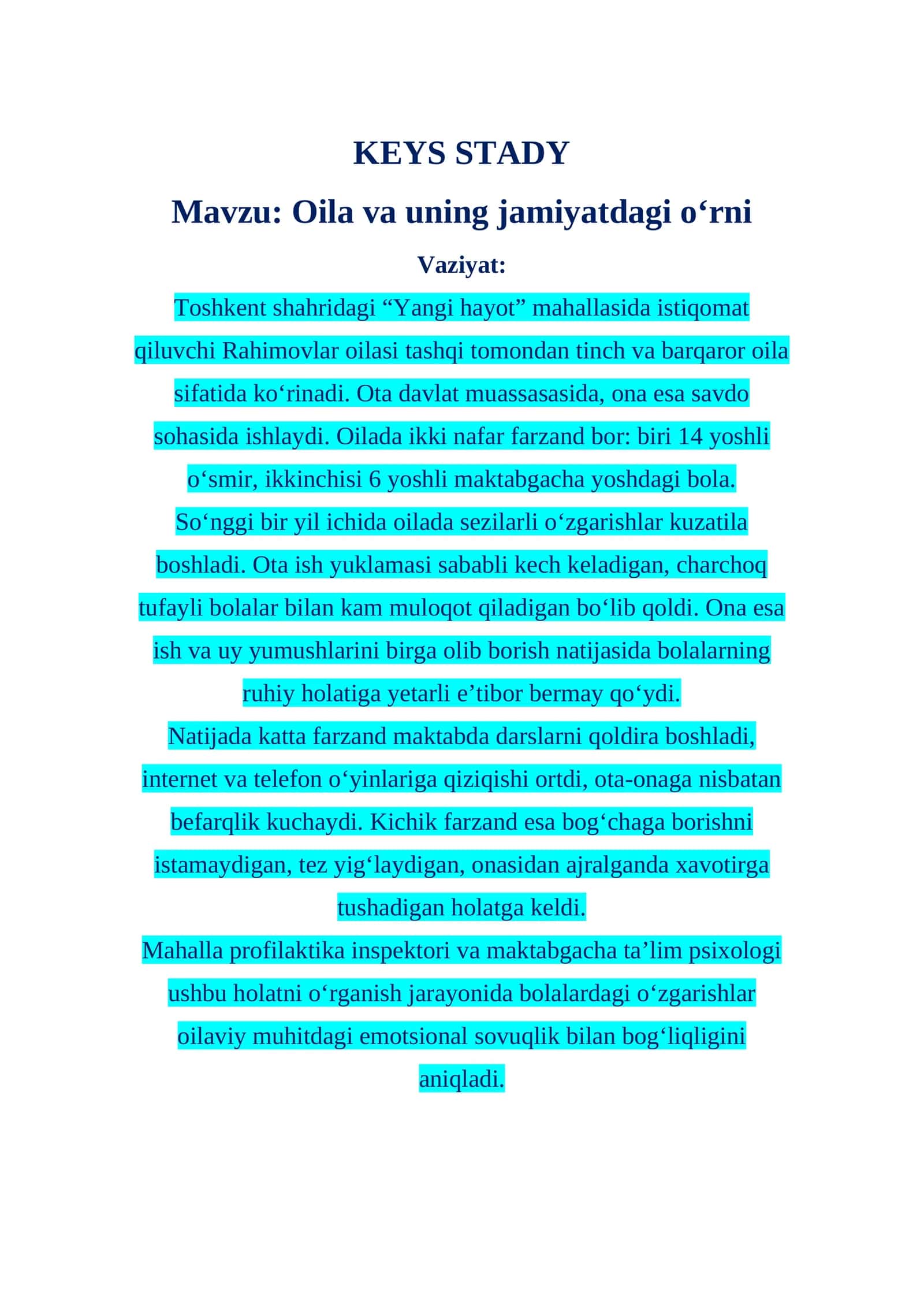 Oila va uning jamiyatdagi o‘rni