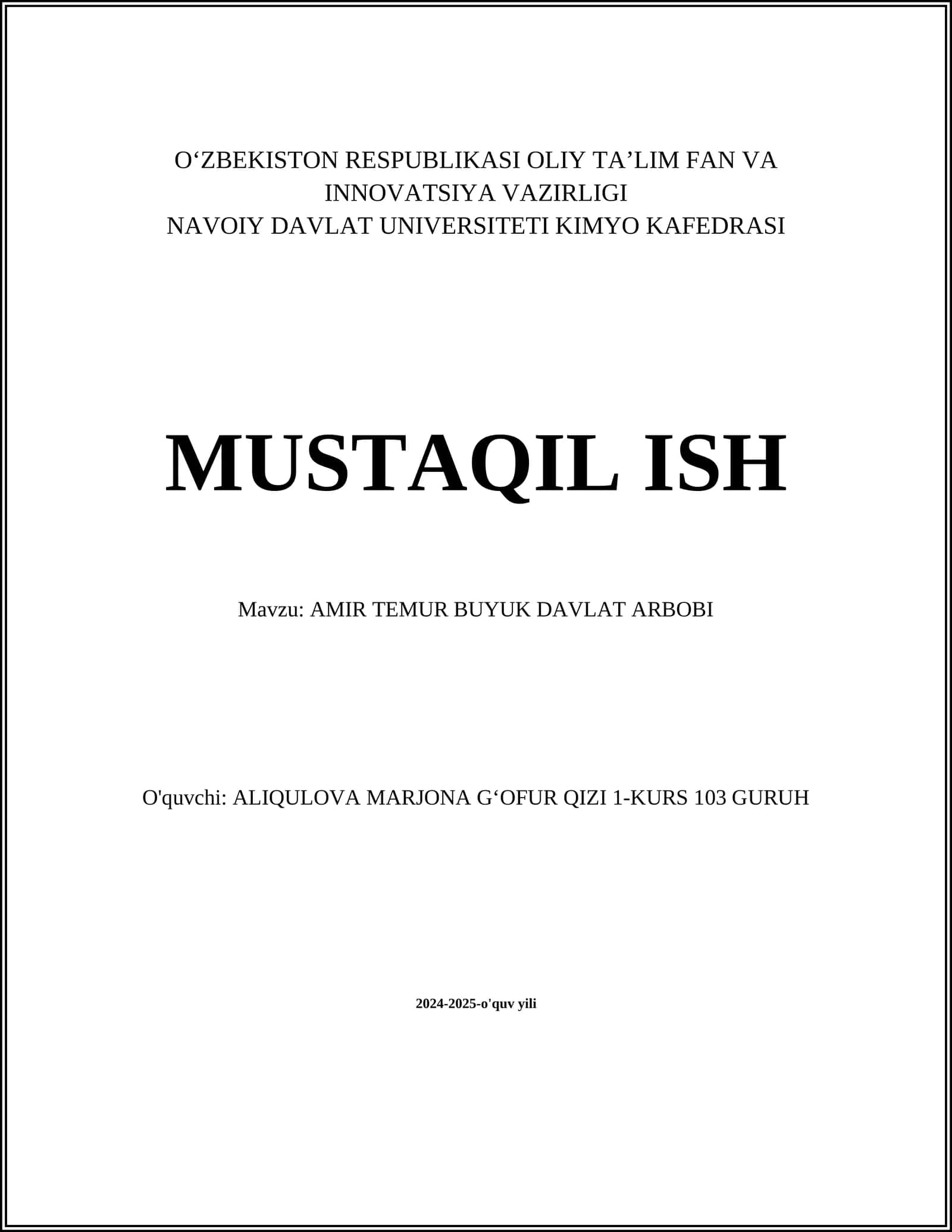 AMIR TEMUR BUYUK DAVLAT ARBOBI