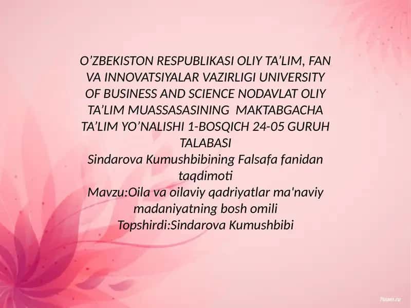 Sindarova Kumushbibining Falsafa fanidan taqdimoti