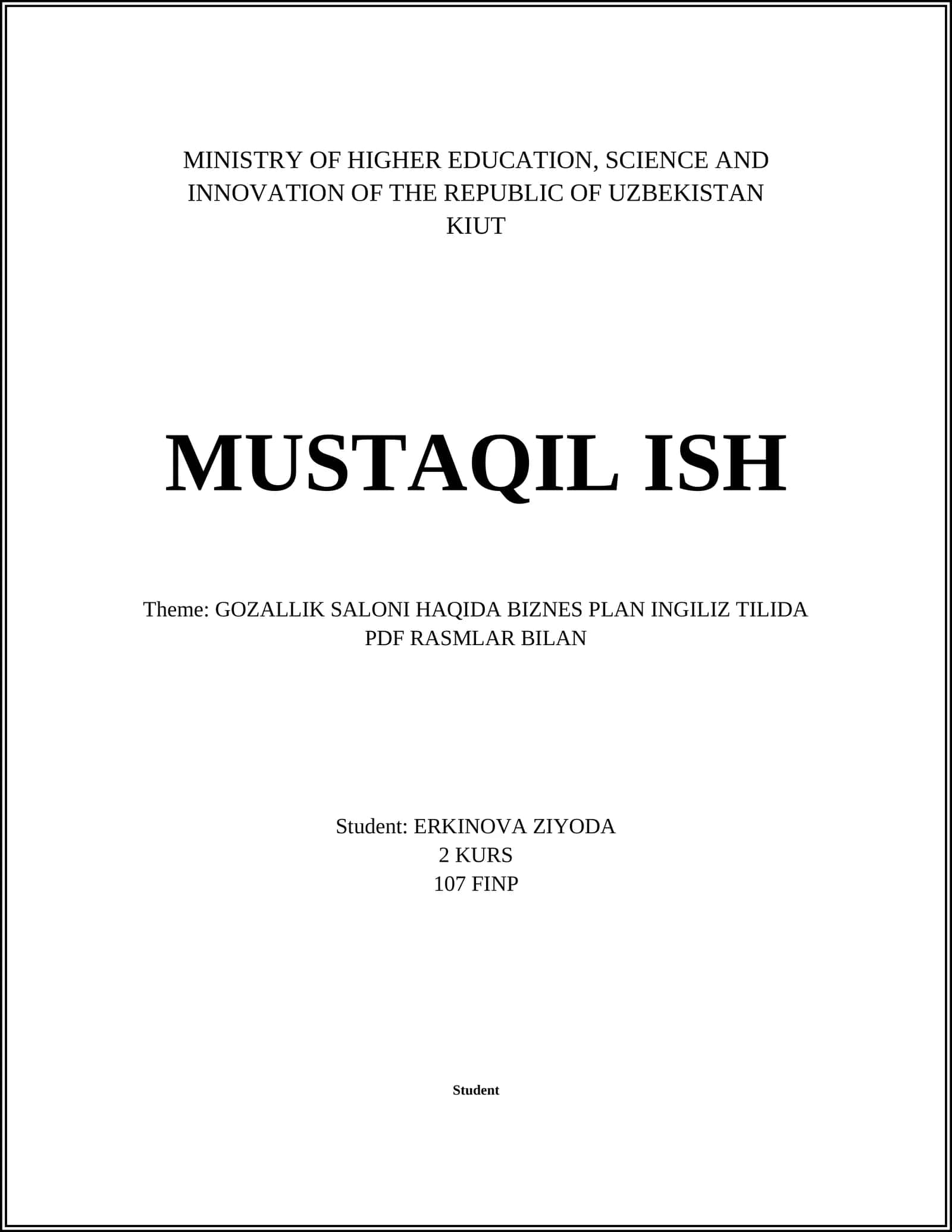 GOZALLIK SALONI HAQIDA BIZNES PLAN INGILIZ TILIDA PDF RASMLAR BILAN