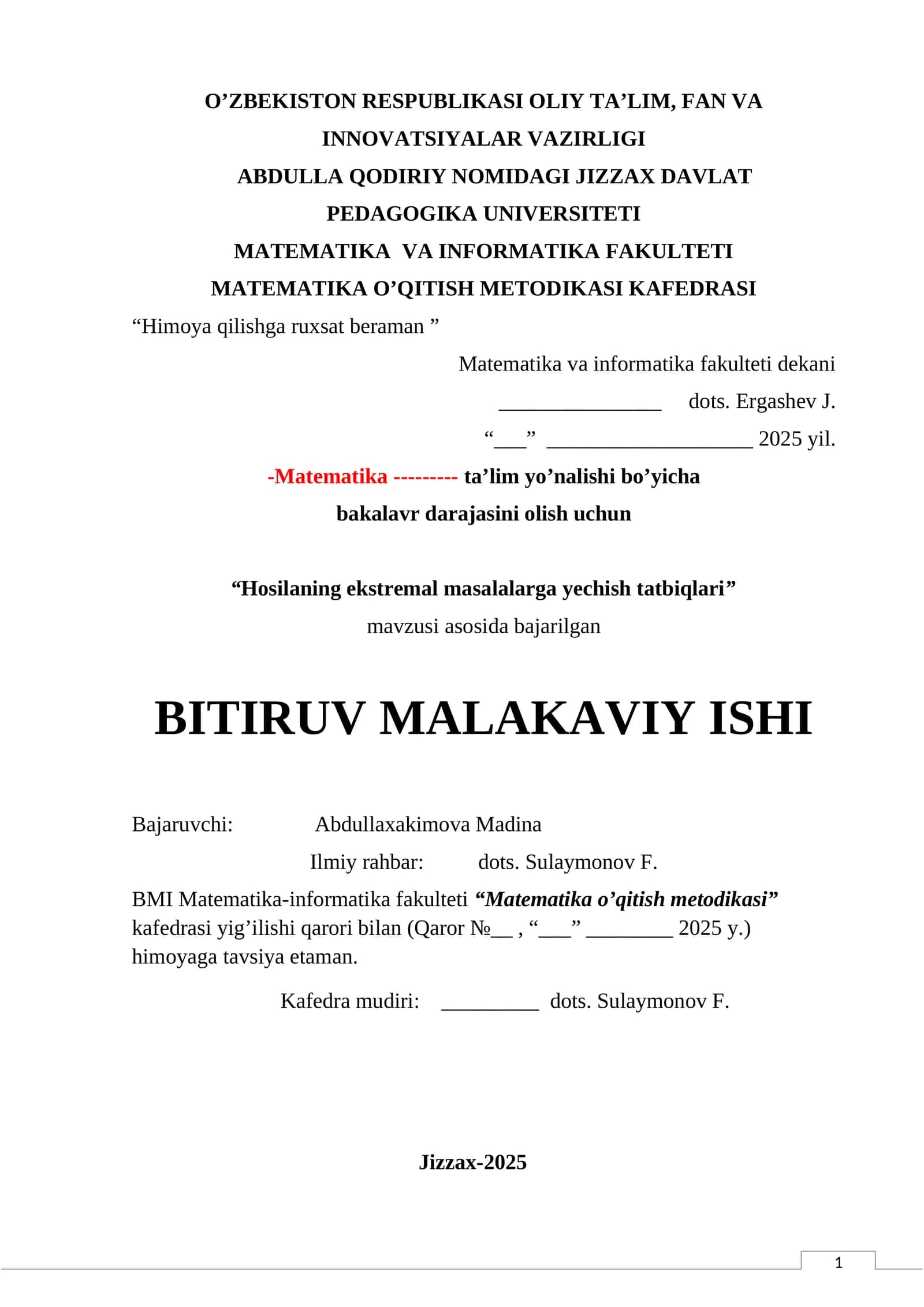 Hоsilaning еkstrеmal masalalarga yеchish tatbiqlari