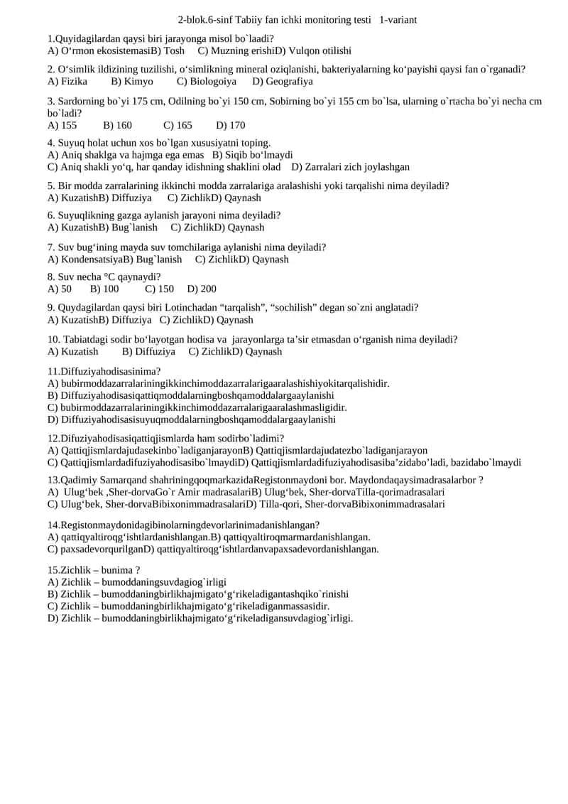 2-blok.6-sinf Tabiiy fan ichki monitoring testi 1-variant