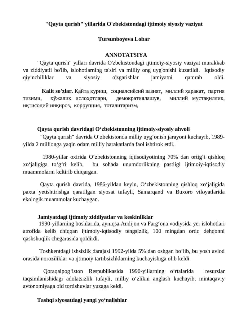 "Qayta qurish" yillarida O'zbekistondagi ijtimoiy siyosiy vaziyat