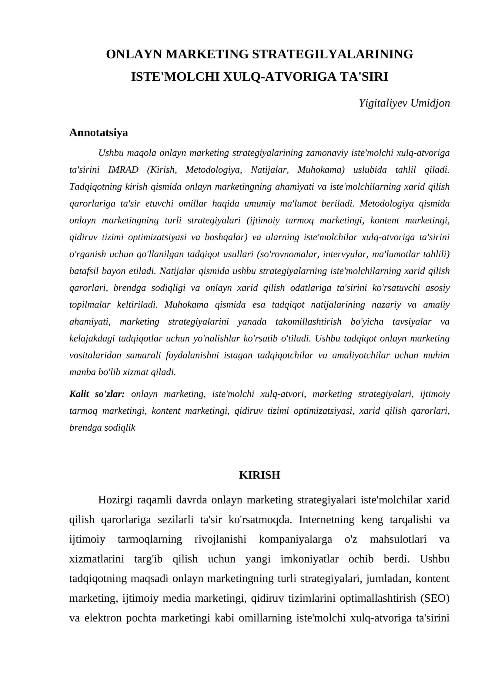 ONLAYN MARKETING STRATEGILYALARINING ISTE'MOLCHI XULQ-ATVORIGA TA'SIRI