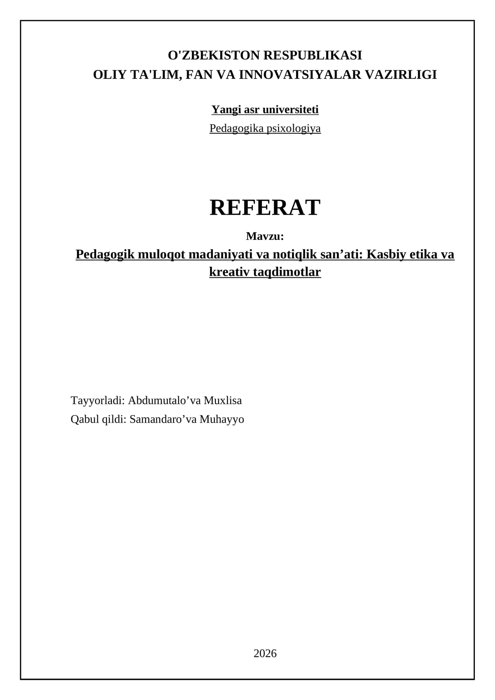 Pedagogik muloqot madaniyati va notiqlik san’ati: Kasbiy etika va kreativ taqdimotlar