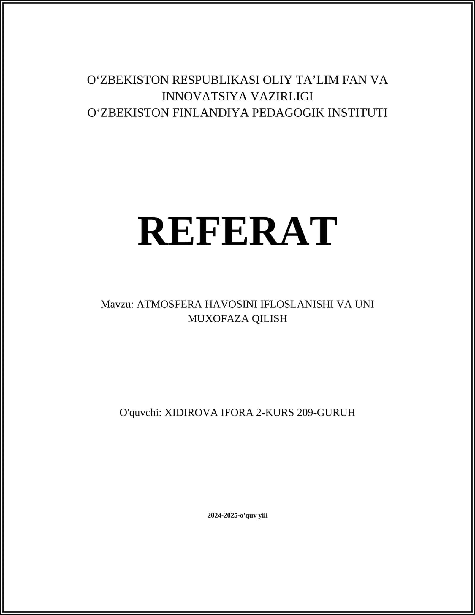 ATMOSFERA HAVOSINI IFLOSLANISHI VA UNI MUXOFAZA QILISH