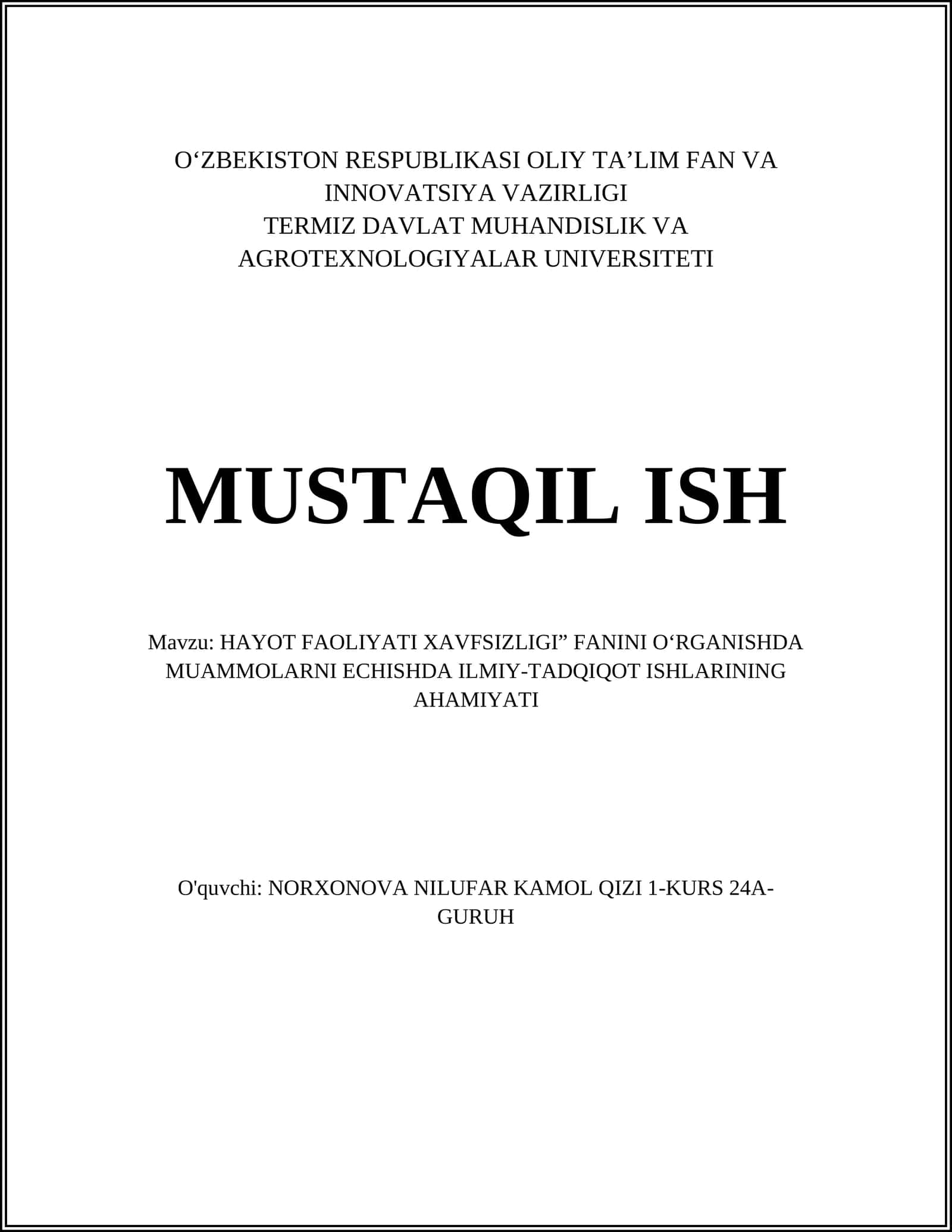 HAYOT FAOLIYATI XAVFSIZLIGI