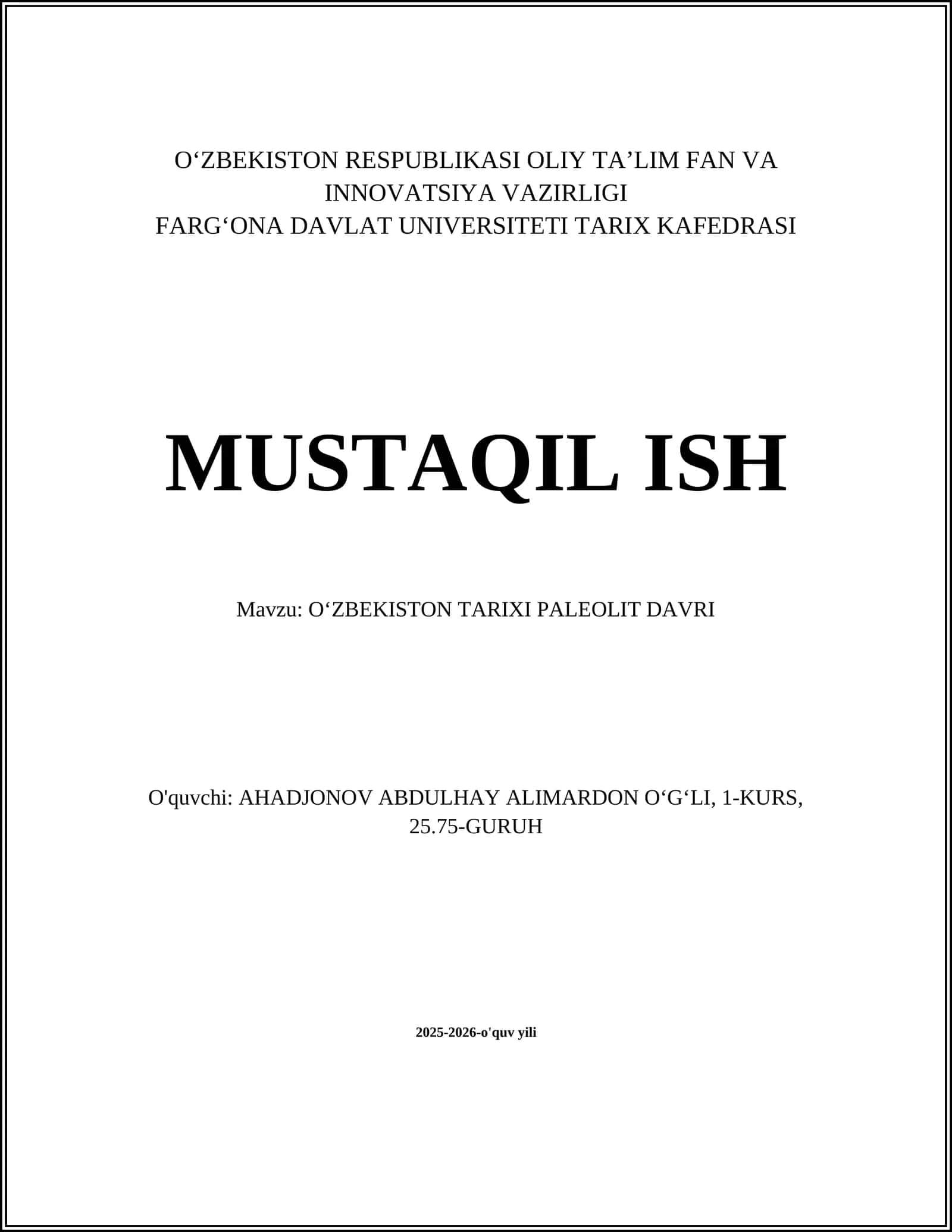 OʻZBEKISTON TARIXI PALEOLIT DAVRI