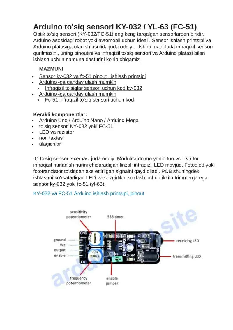 Arduino to'siq sensori KY-032 / YL-63 (FC-51)
