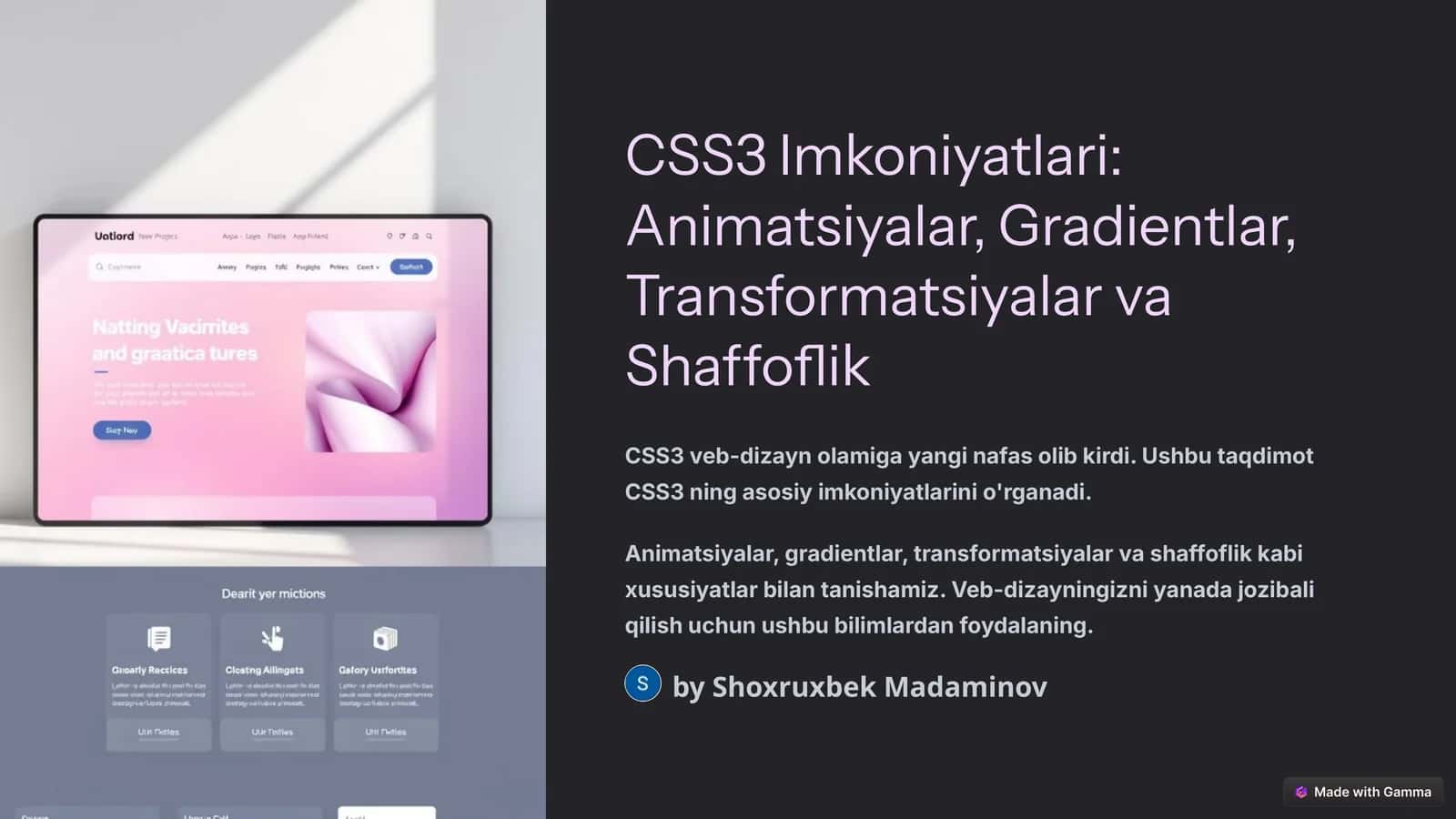 CSS3 Imkoniyatlari: Animatsiyalar, Gradientlar, Transformatsiyalar va Shaffoflik